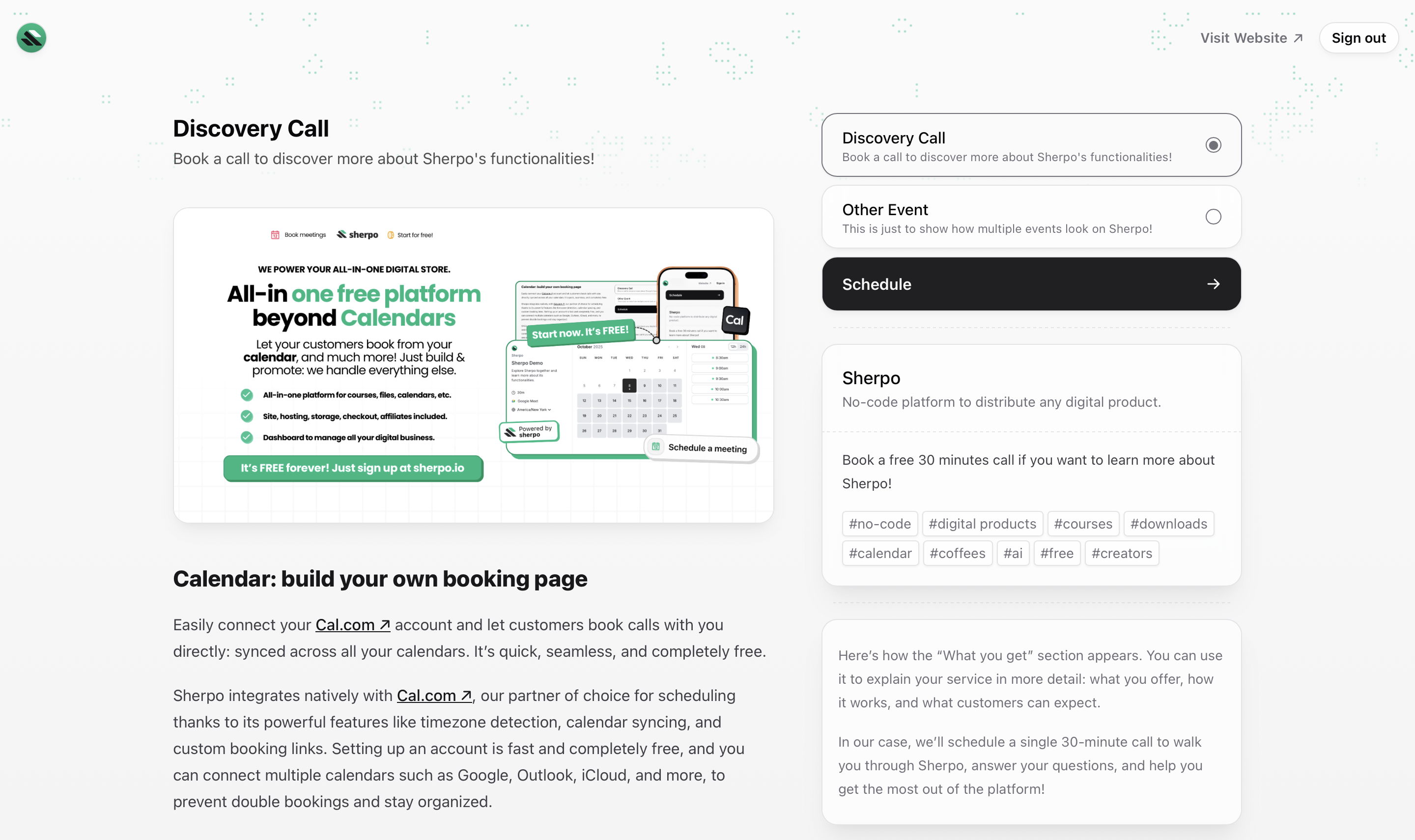Example Calendar product flow Full Calendar booking example in Sherpo