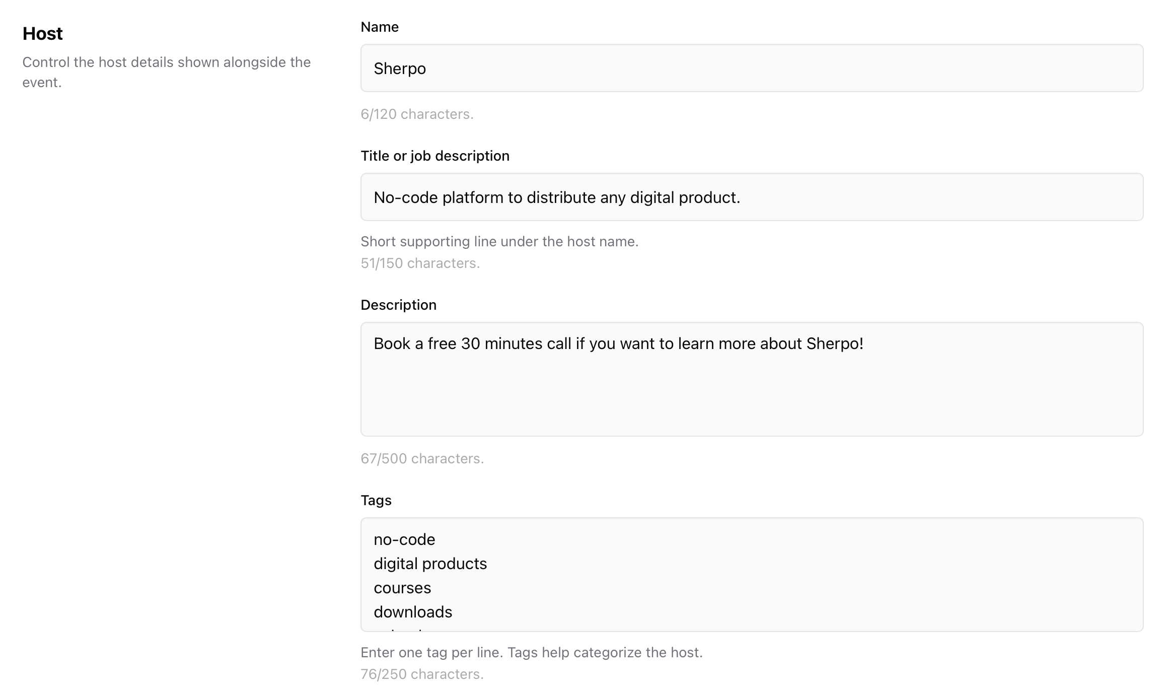 Customizing host details Editing host information for a Calendar product