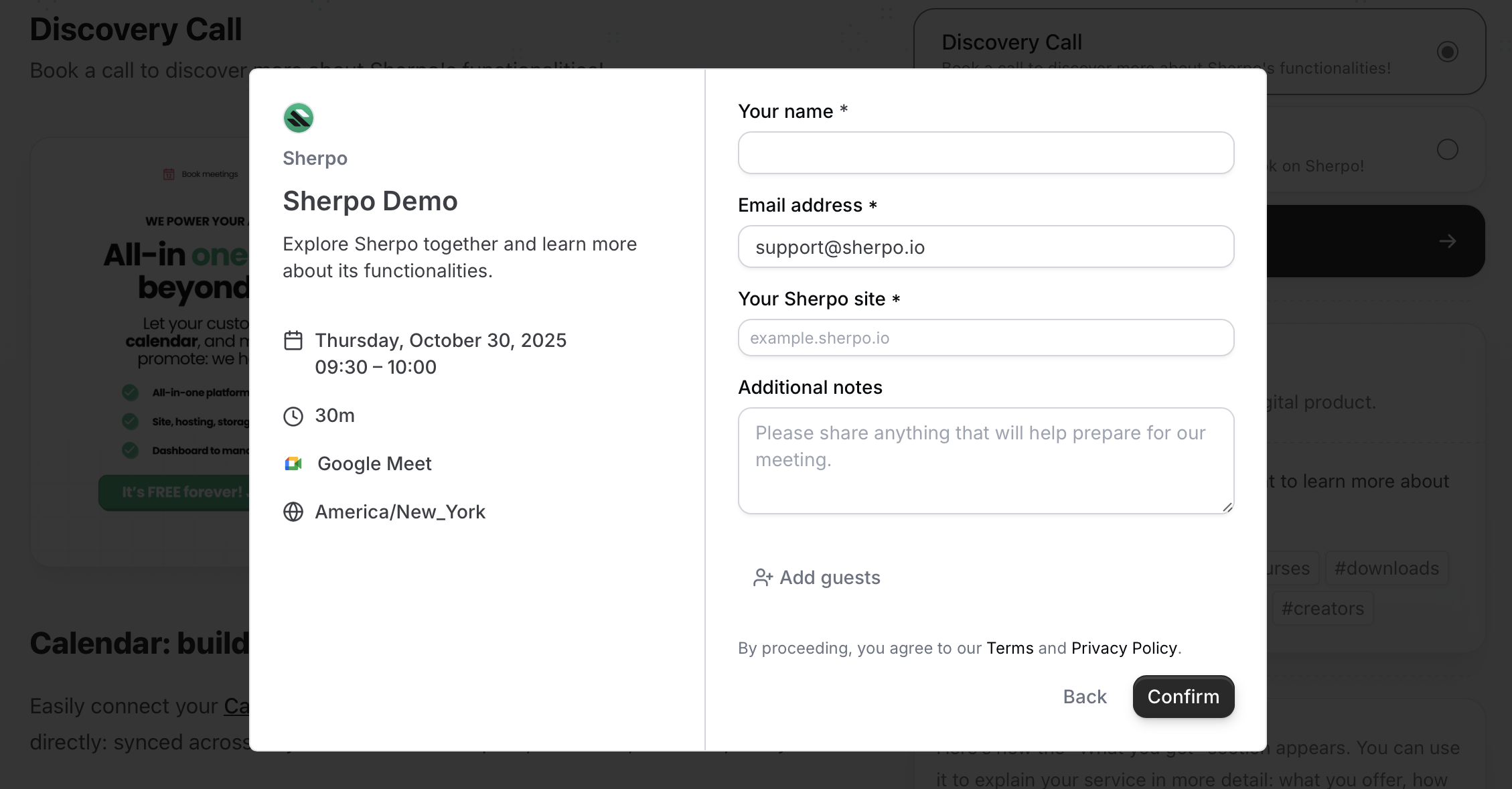 Selecting a date and available slot Calendar date selection and available slots in Sherpo booking modal