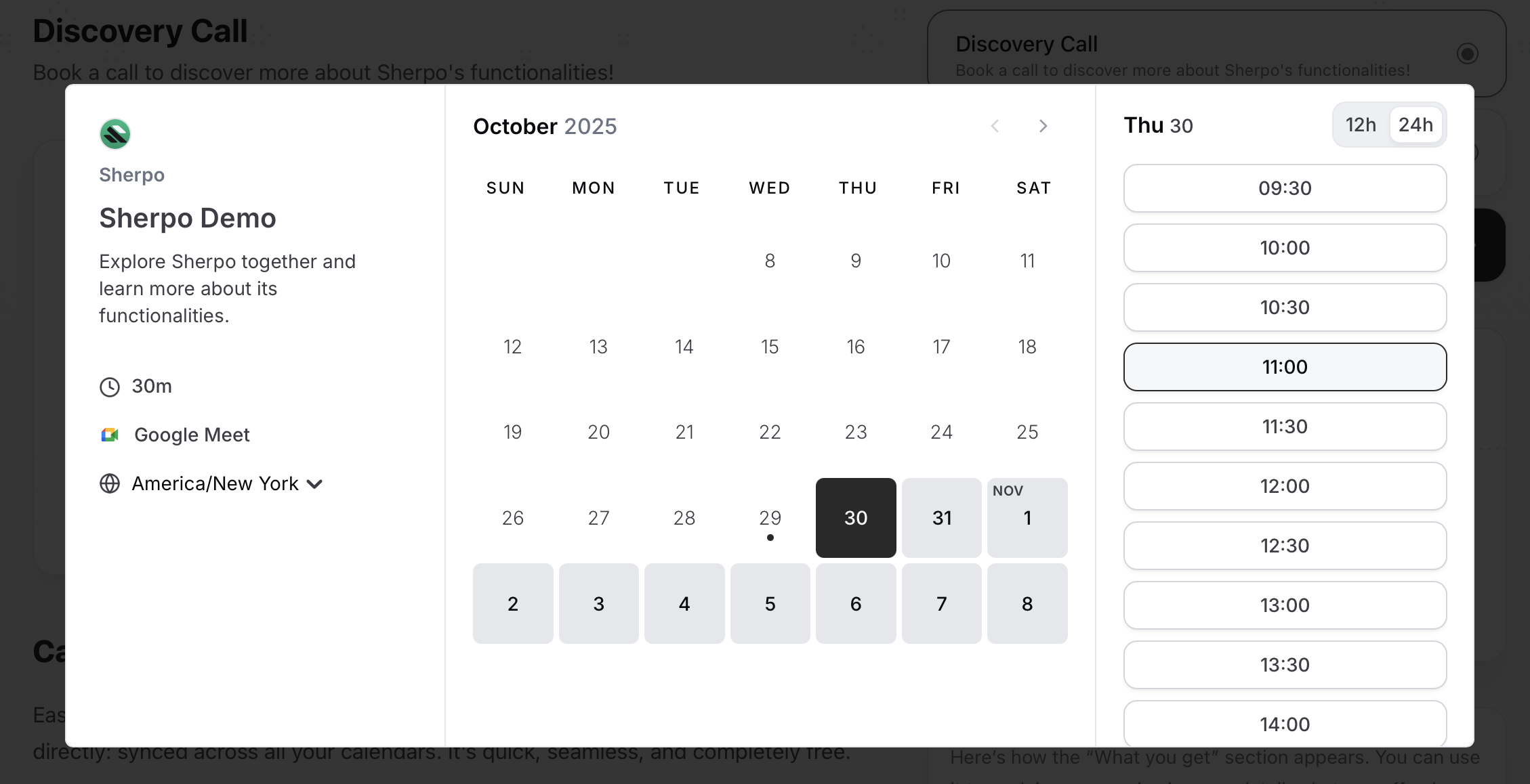 Picking a timeslot inside the Calendar modal Date and time selection in Sherpo calendar booking modal