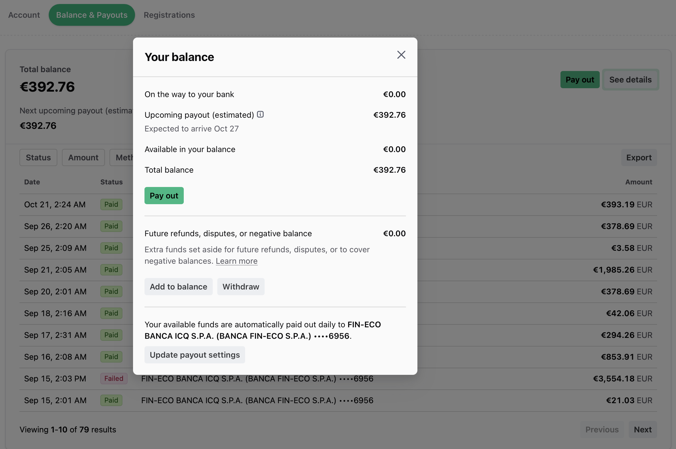 Payout page Payout page from inside Sherpo's dashboard