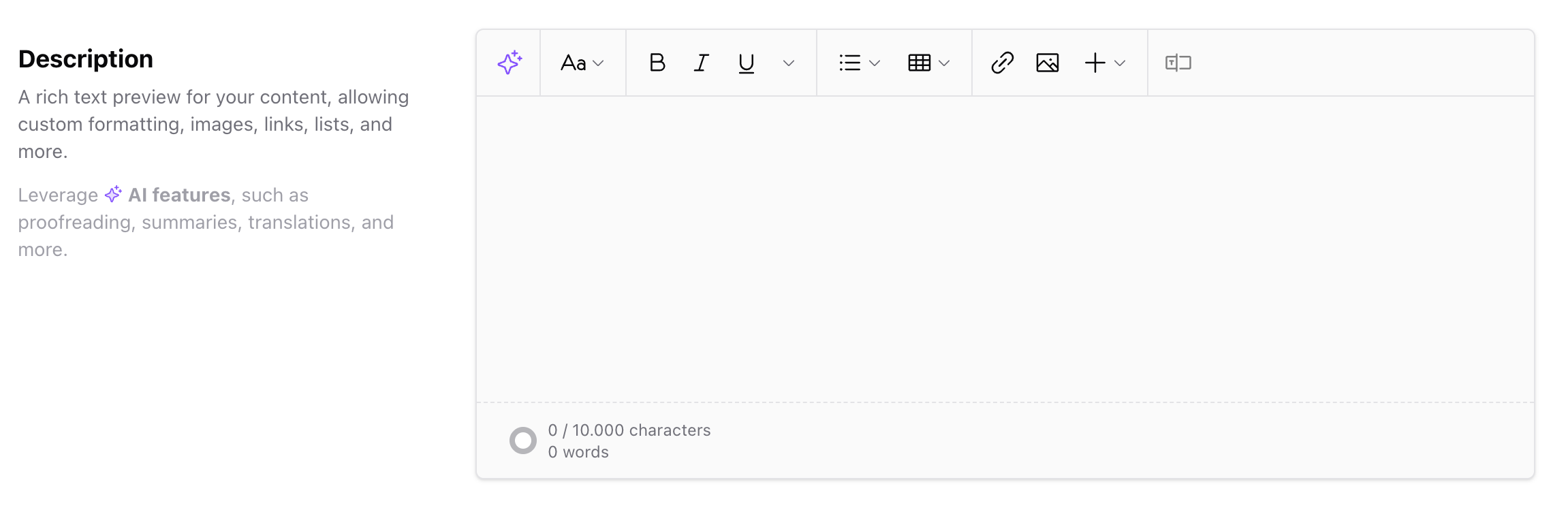 Product description Description editor inside Sherpo Dash