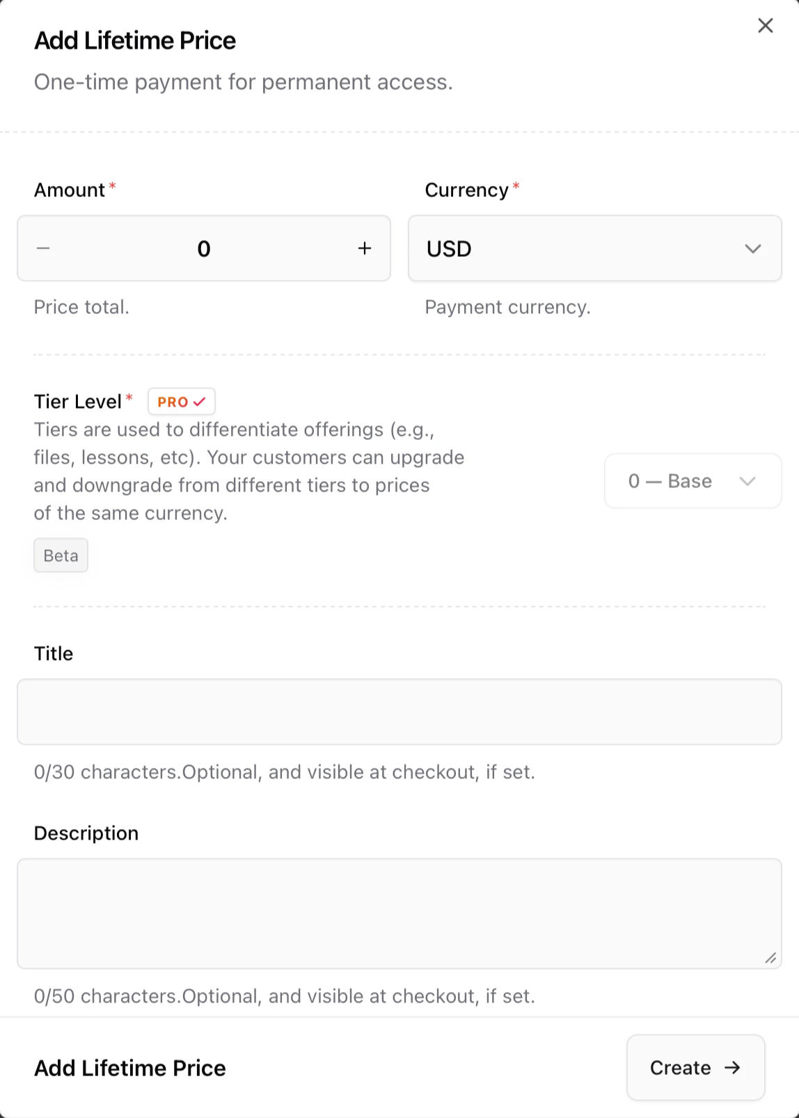 Setting Coffee price and currency Set price modal for Sherpo Coffee product