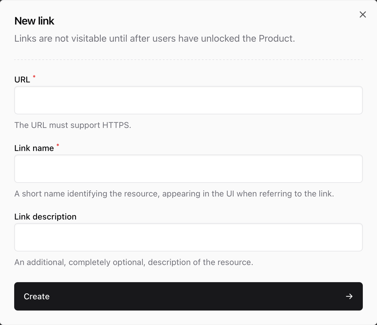 Creating a new link in Downloads Adding an external link to a Download product