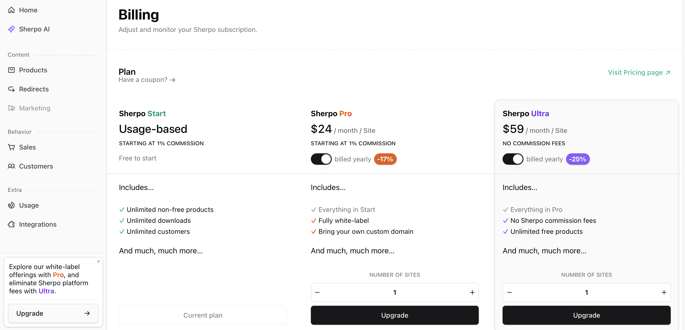 Billing page Sherpo's billing page inside the Dashboard