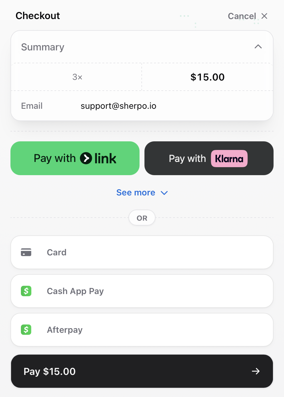 Sherpo coffee checkout payment options Sherpo coffee checkout interface