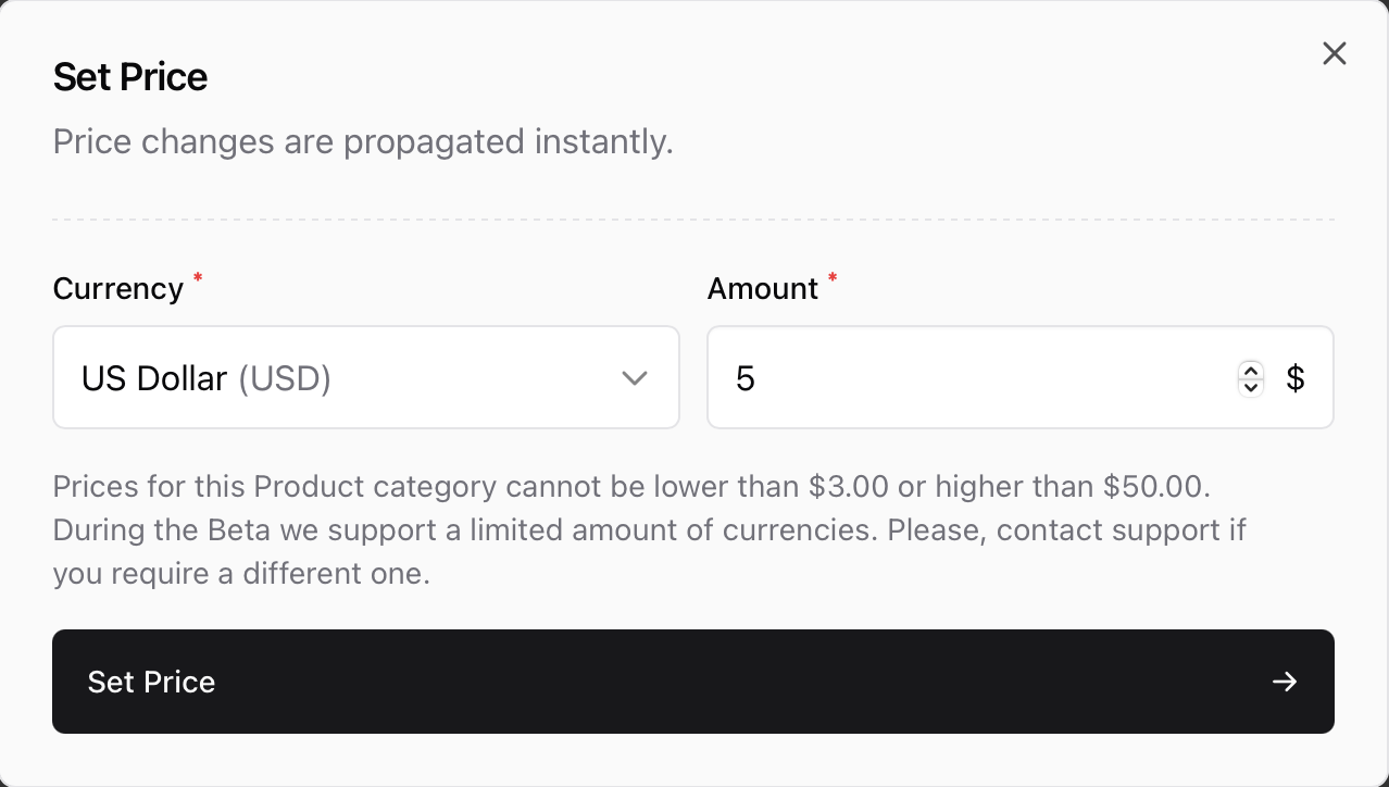 Setting Coffee price and currency Set price modal for Sherpo Coffee product