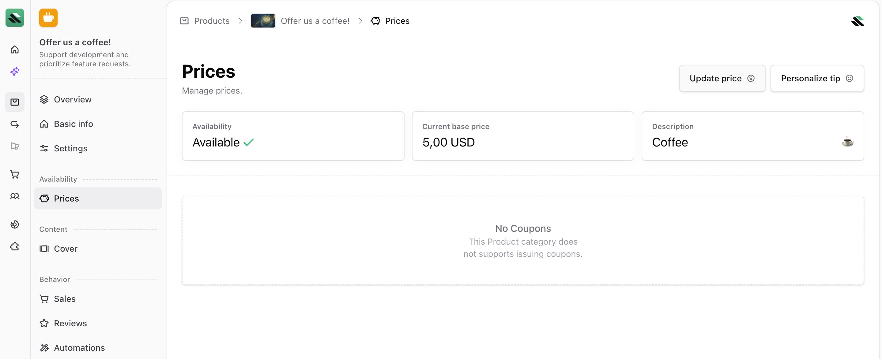 Coffee price management in dashboard Prices page for Coffee product