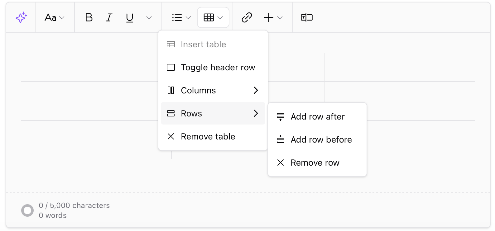 Table settings Adjusting table settings in Sherpo editor