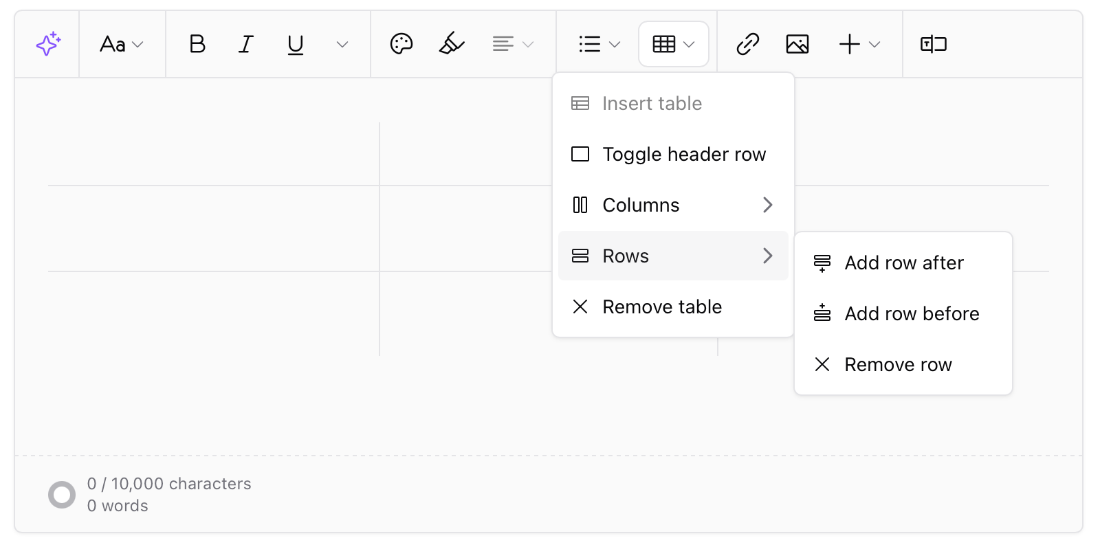 Table controls Table row and column controls in Sherpo editor