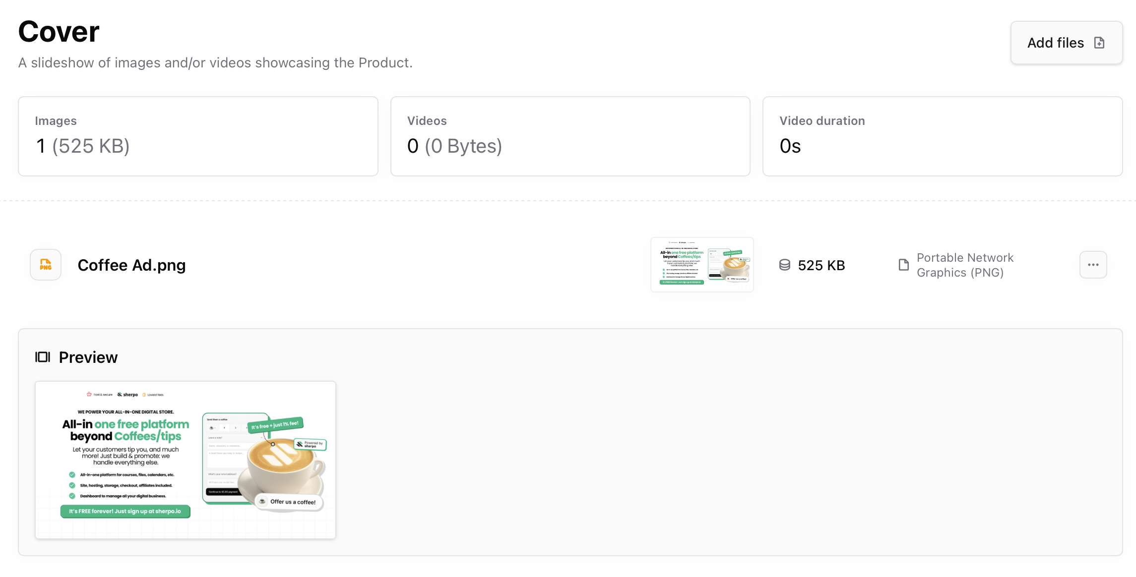 Adding a Coffee cover Adding a cover image to a Coffee product