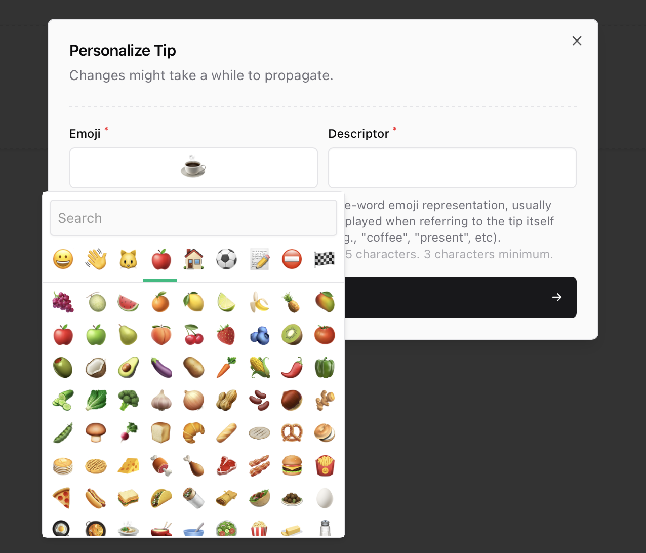 Choosing your Coffee emoji Emoji selector for Sherpo Coffee personalization