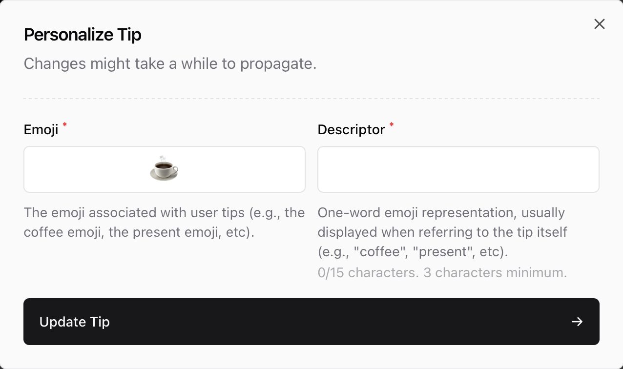Customizing emoji and descriptor for Coffee product Sherpo Coffee personalization modal