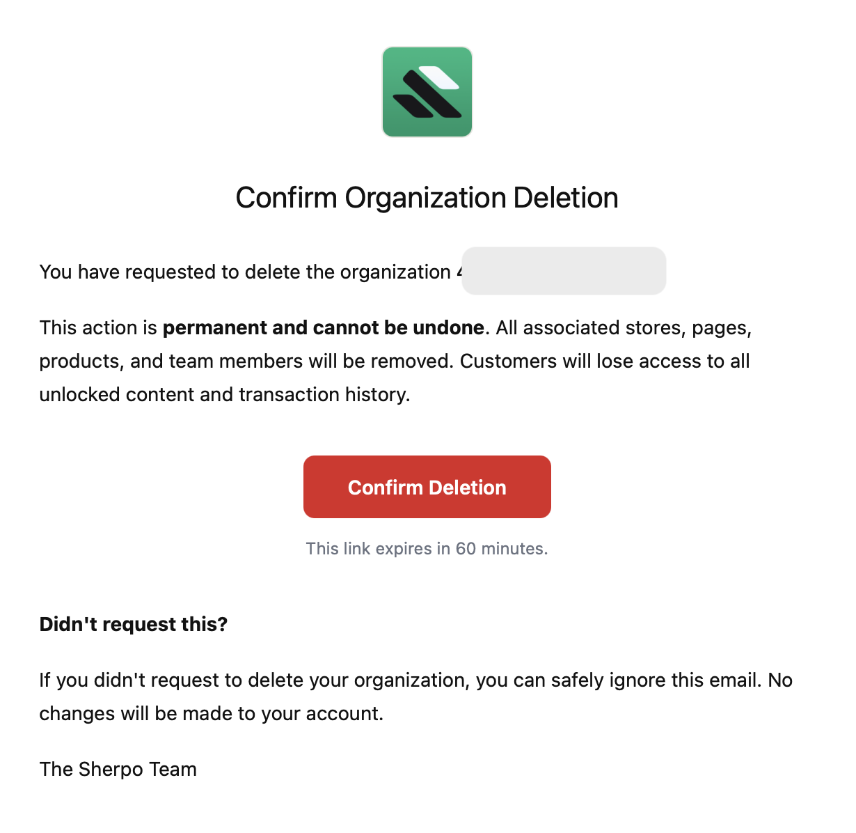 Deletion confirmation email Organization deletion confirmation email with confirm deletion button