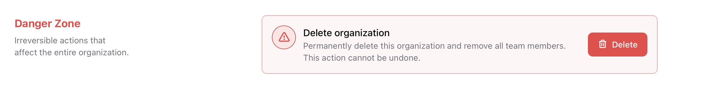 Delete organization Danger Zone section with Delete organization warning and a delete button