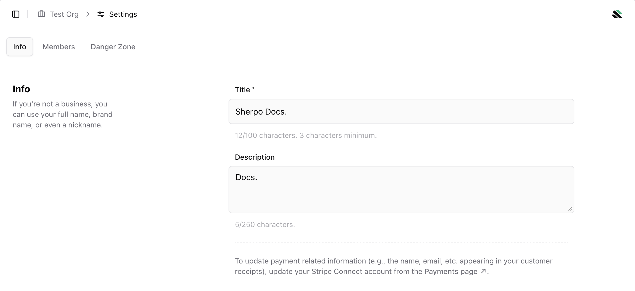 Organization info Info tab in organization settings with title and description fields
