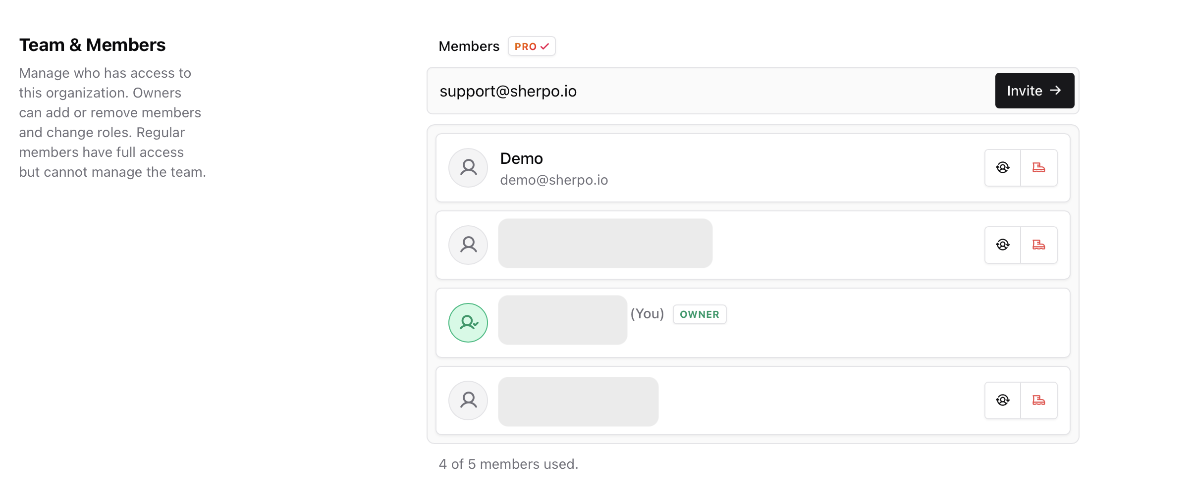 Member usage Members page showing multiple members and a usage indicator for total members