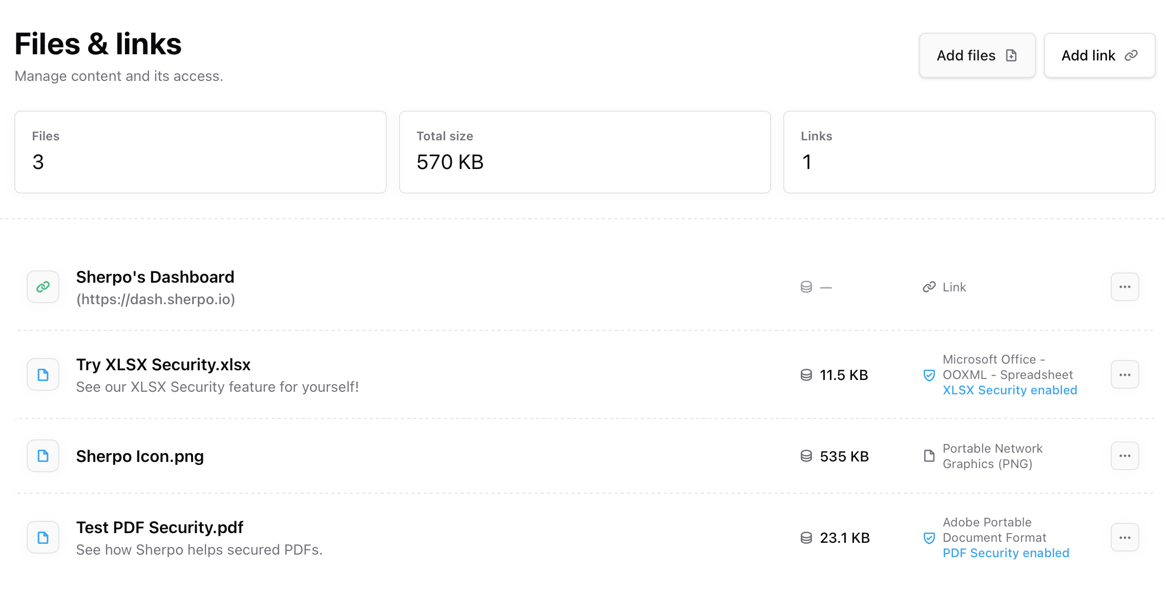 Files and links management in the Downloads workspace Files and links management table in Sherpo Downloads
