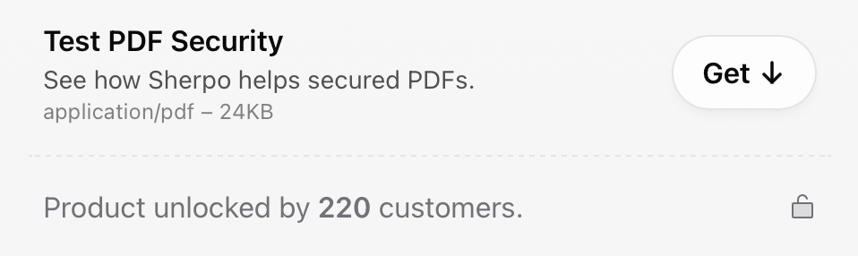 Product unlocked counter under What you get Social proof line showing how many customers unlocked the product