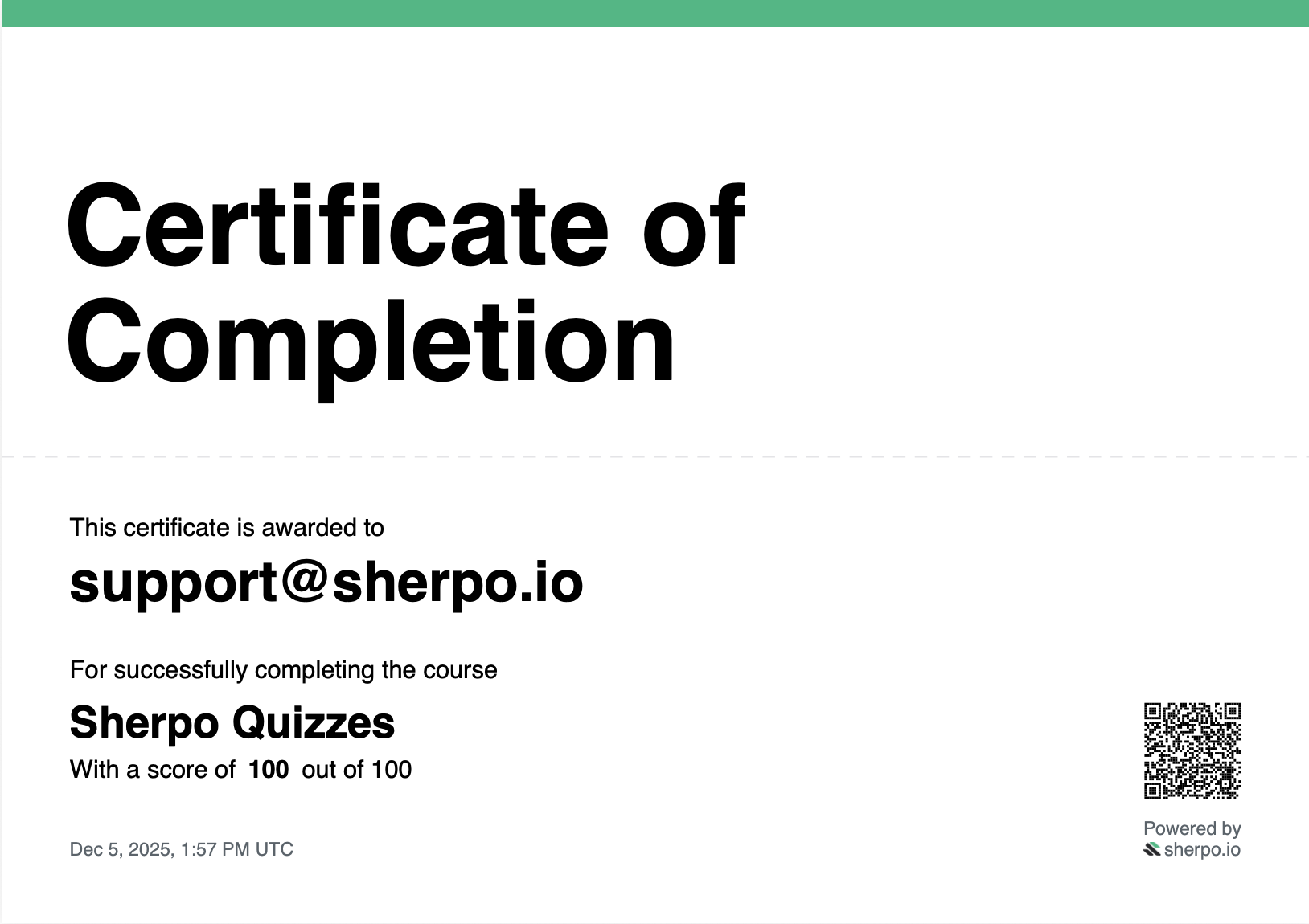 Certificate PDF Certificate PDF example with certificate of completion, recipient, quiz title, score line, date, and QR code