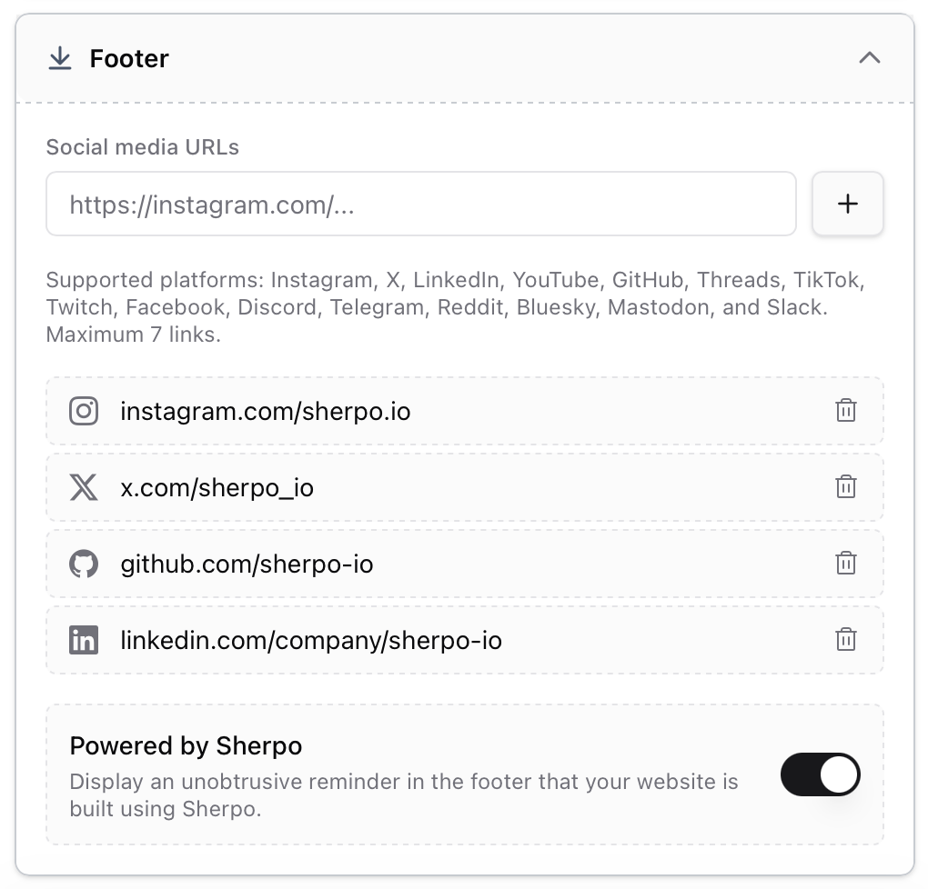 Footer settings Footer configuration panel