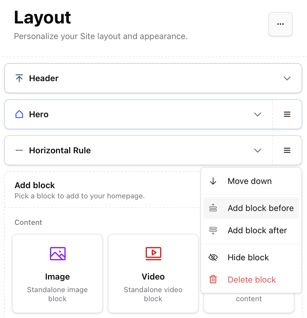 Block actions Block actions menu with move, add, hide, and delete options