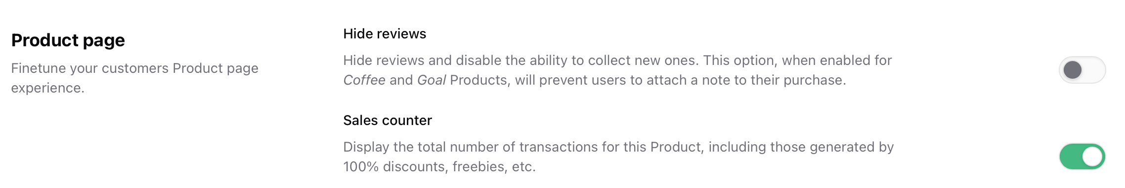 Product page settings for Downloads Product page settings in Sherpo