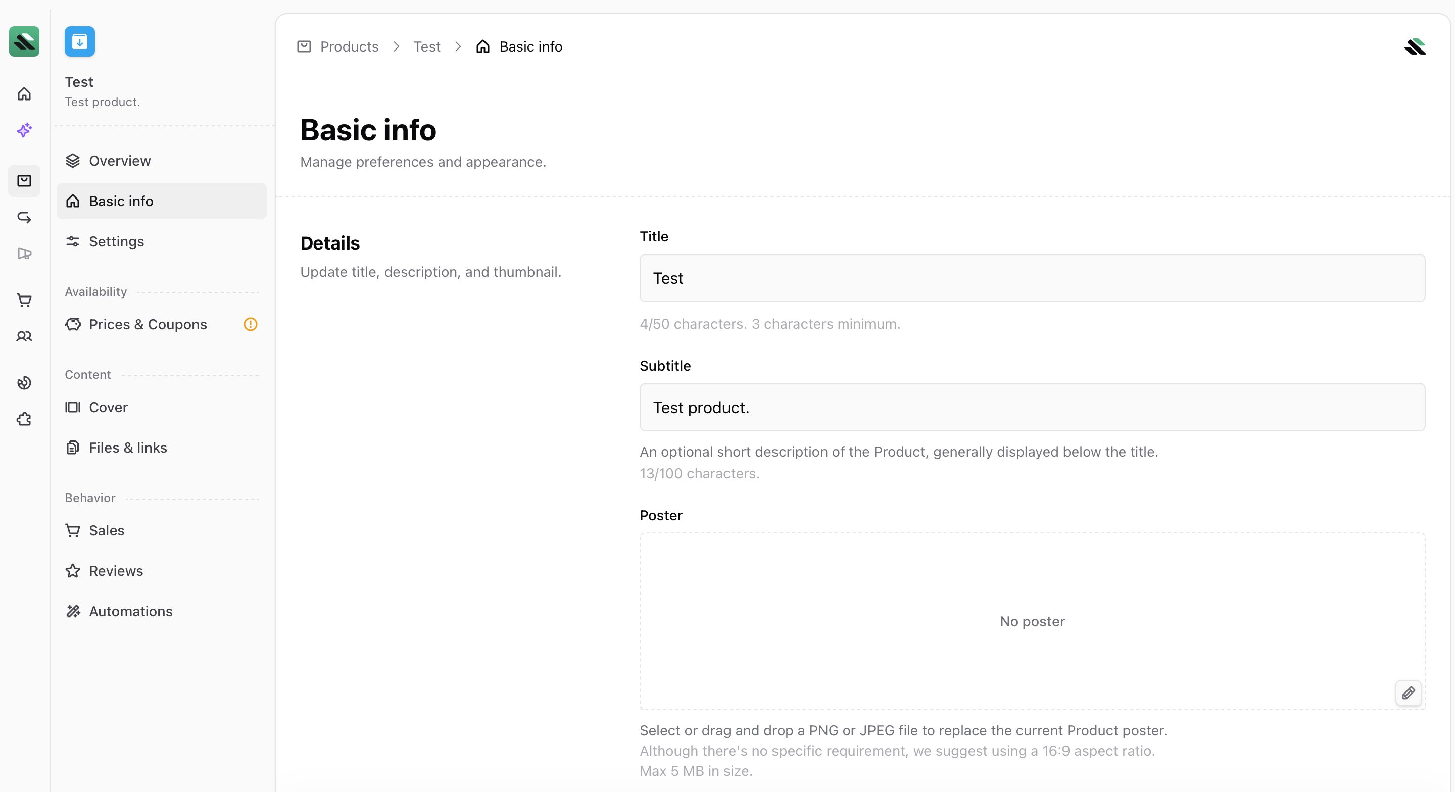 Basic info Basic info tab inside Sherpo Dash