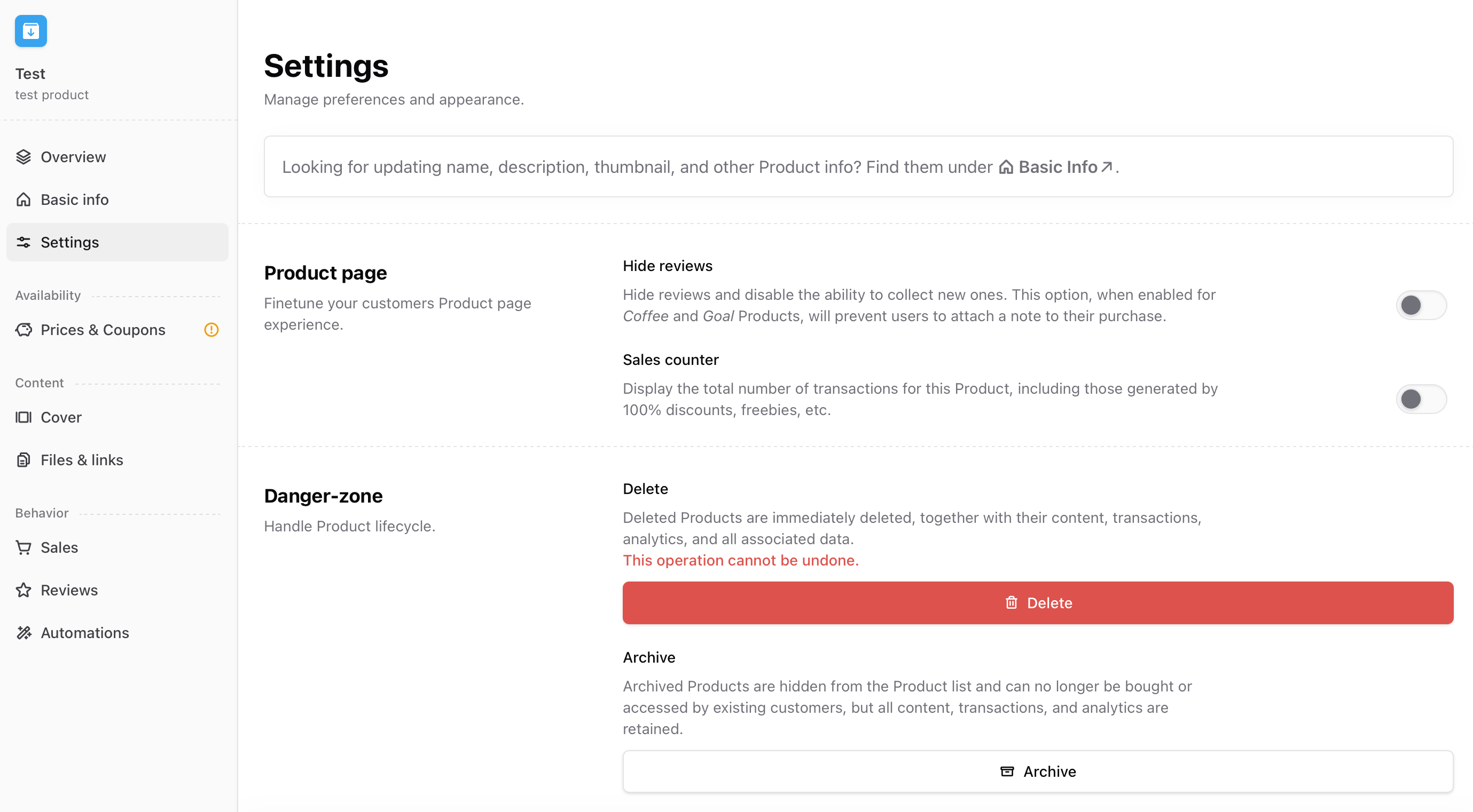 Product settings Settings tab inside Sherpo Dash