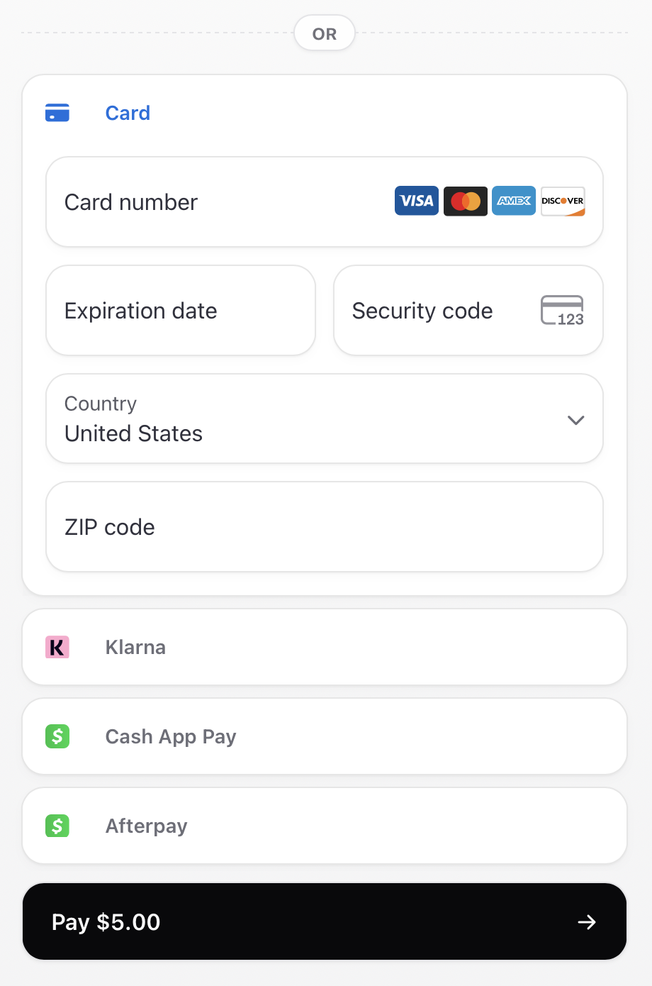 Card and alternative payments on Sherpo checkout Sherpo payment method form