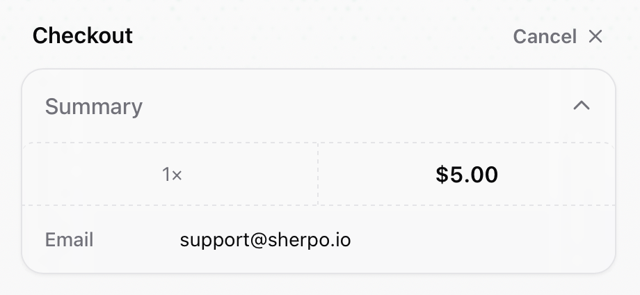 Checkout summary in Sherpo Sherpo checkout summary modal