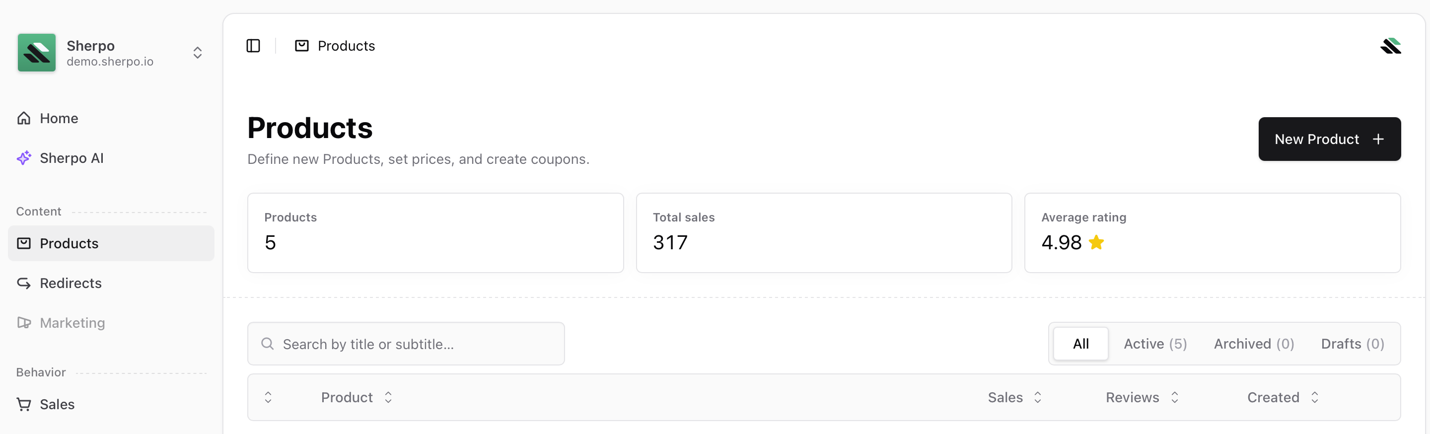 Products overview Products overview inside Sherpo Dash