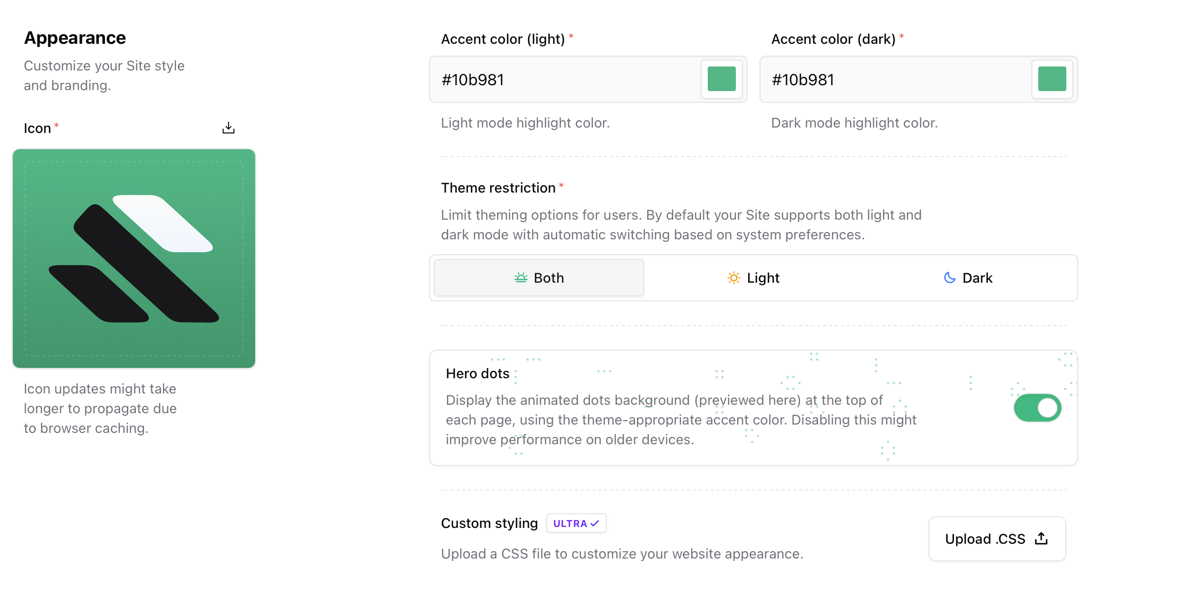 Appearance Appearance settings with icon, accent colors, theme restriction, and hero dots