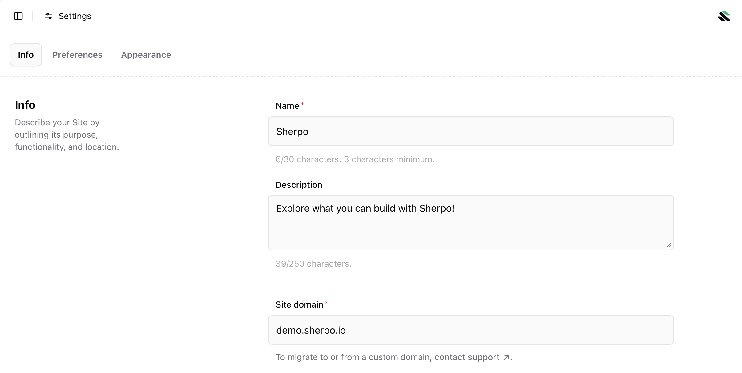Site information Site info settings including name, description, and domain