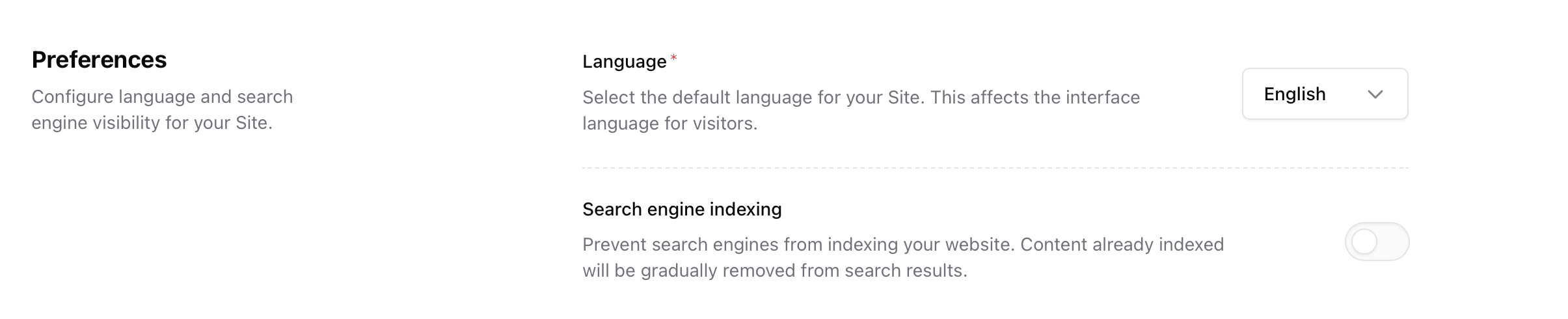Preferences Preferences tab with language and search engine indexing