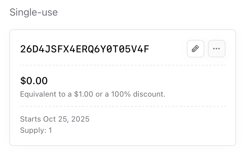 Single-use coupon Single-use coupon example inside Sherpo dashboard