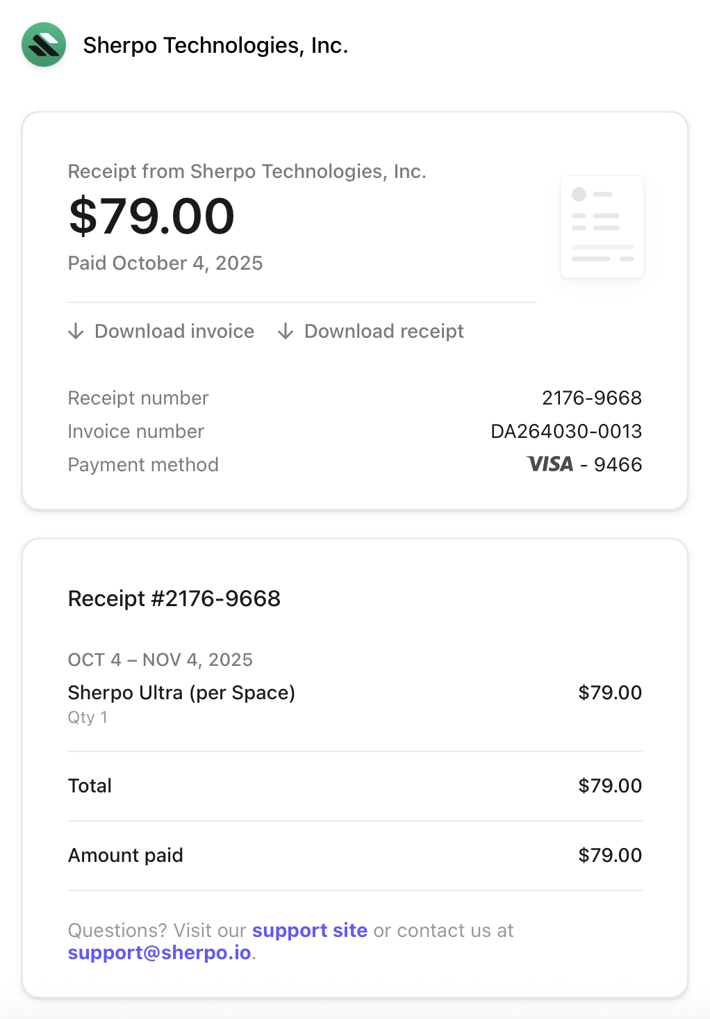 Ultra subscription receipt Receipt for Sherpo Ultra subscription