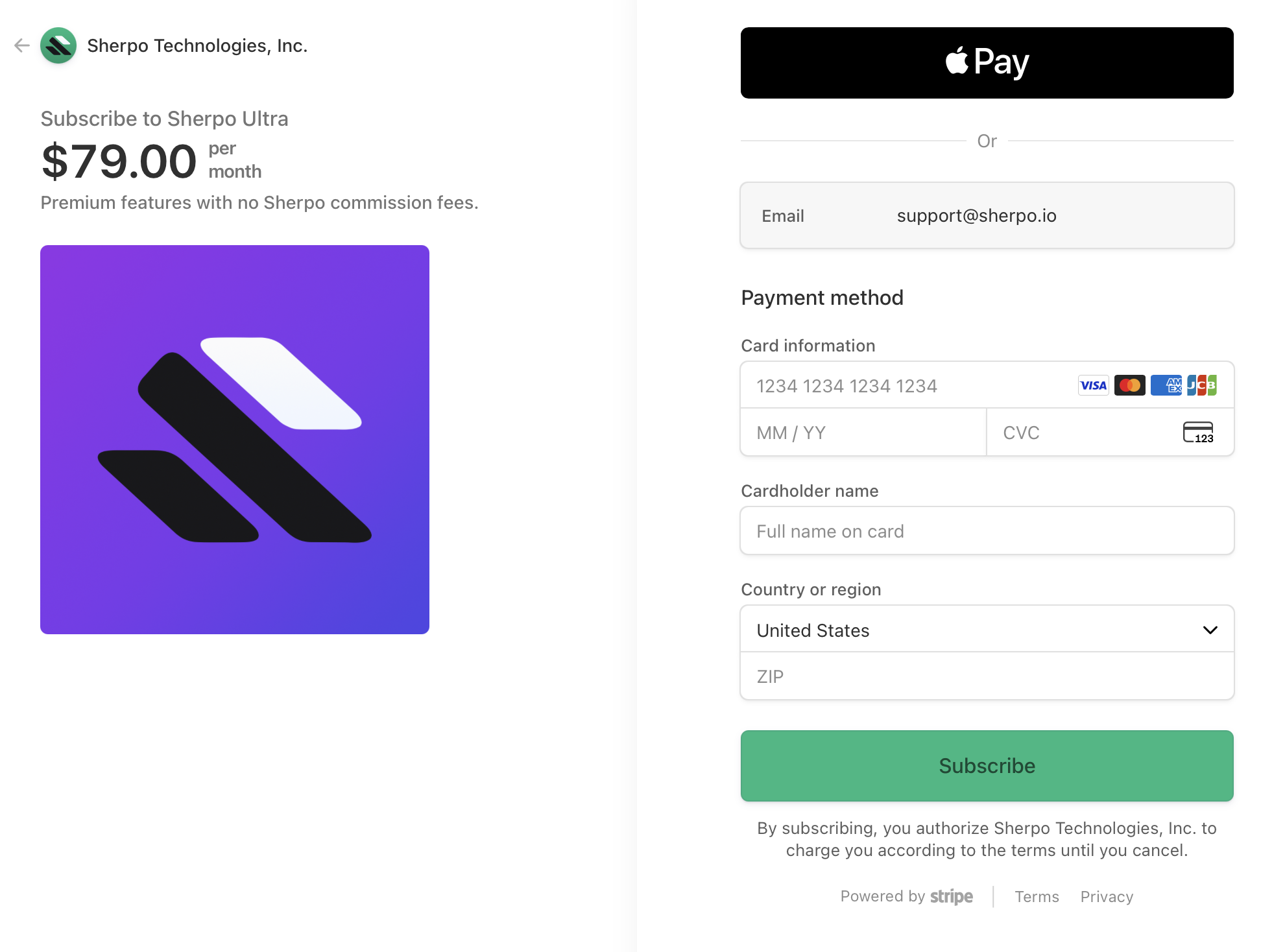 Ultra subscription Stripe checkout for subscribing to Sherpo Ultra