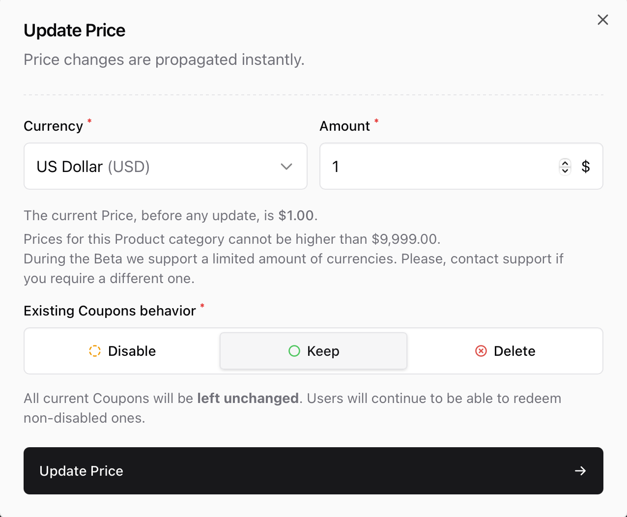 Update price dialog Updating base price for a Sherpo product