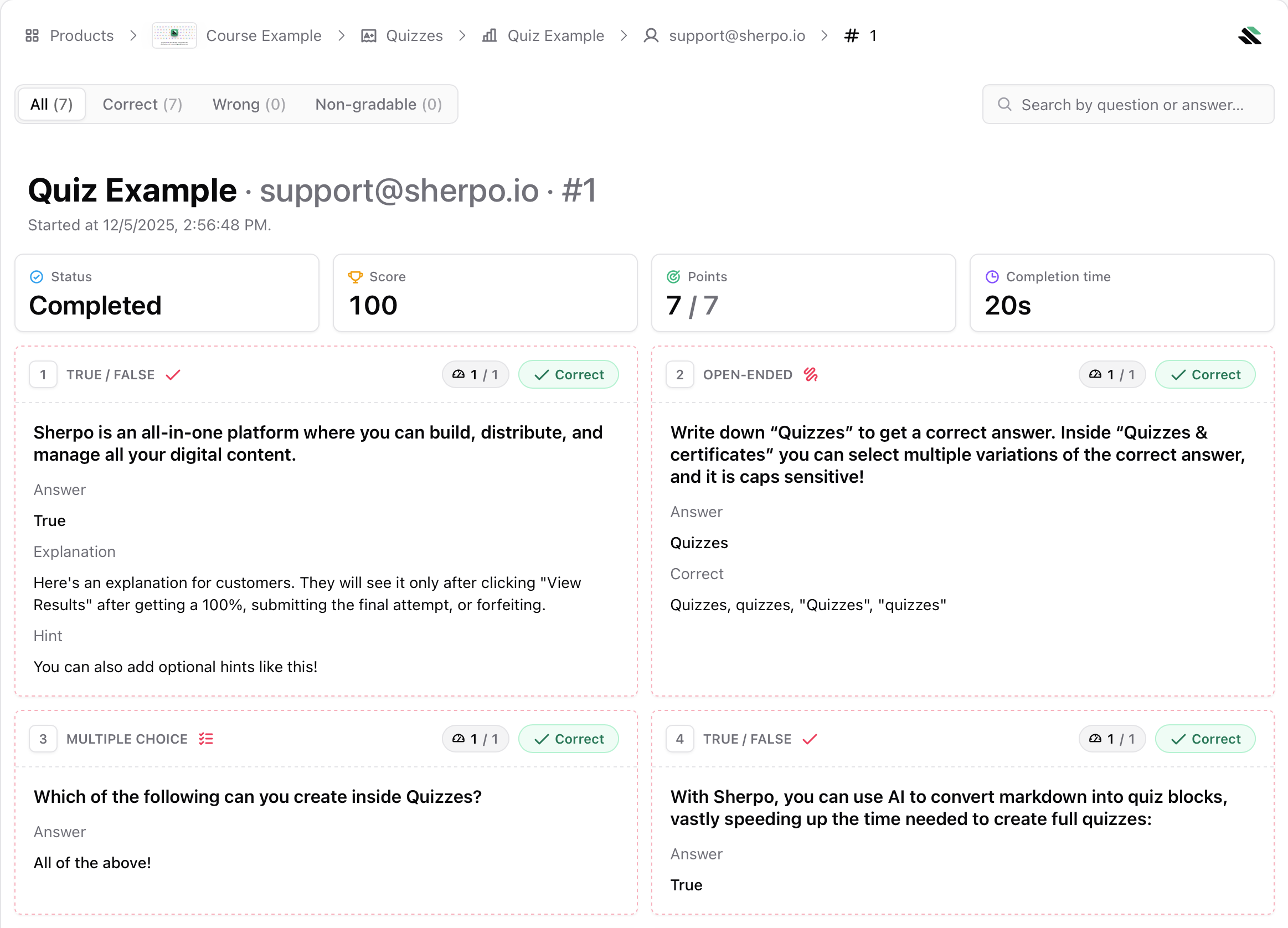 Quiz responses in-depth analytics Quiz correction page with answers