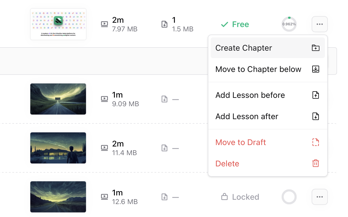 Lesson actions menu Lesson actions menu in Sherpo Courses