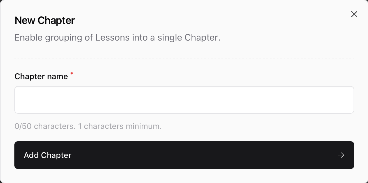 Adding a new chapter Add Chapter modal in Sherpo dashboard