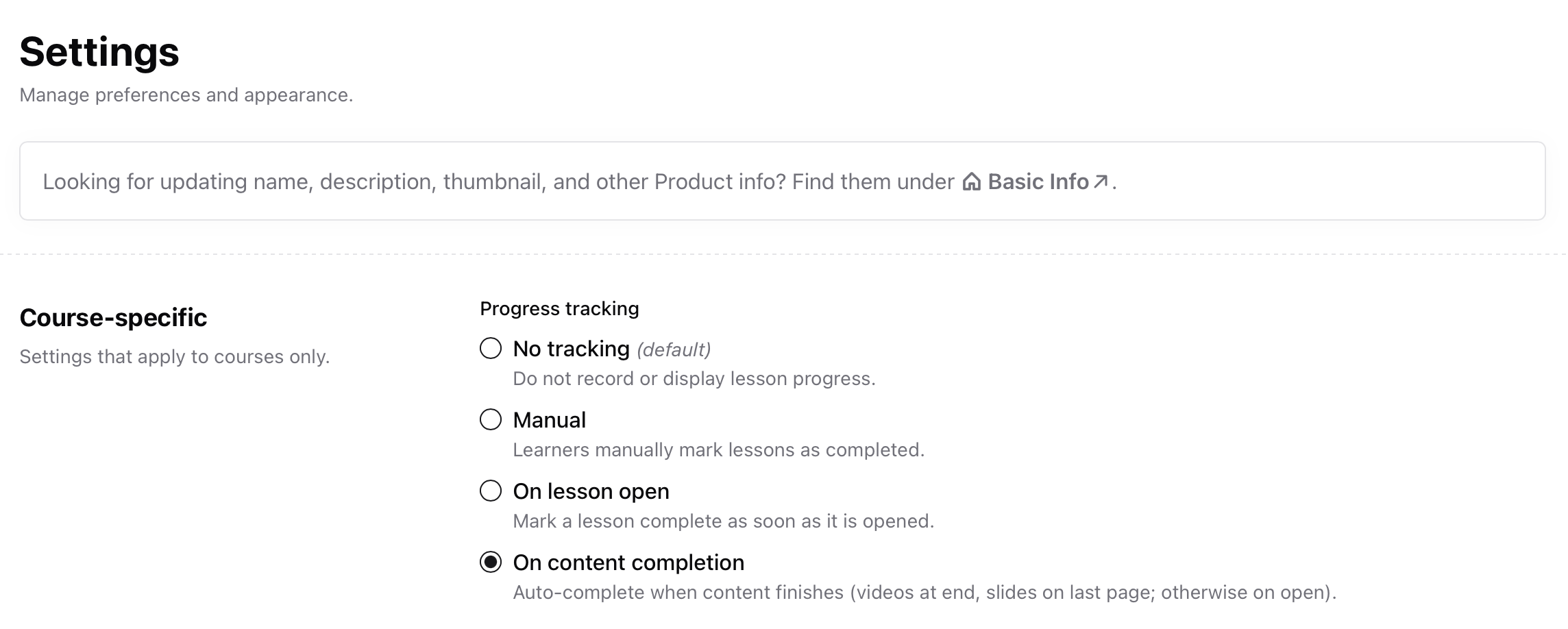 Progress tracking and settings Course settings tab