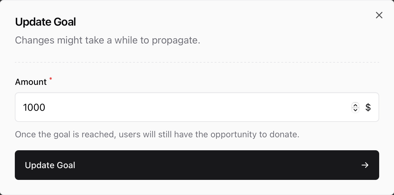 Editing the goal amount Update goal modal in Sherpo