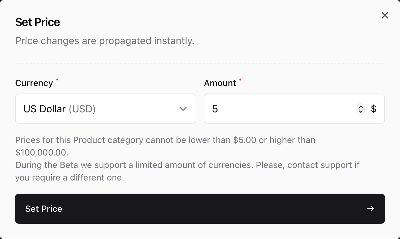 Setting the minimum contribution Set price modal for Sherpo Goals product