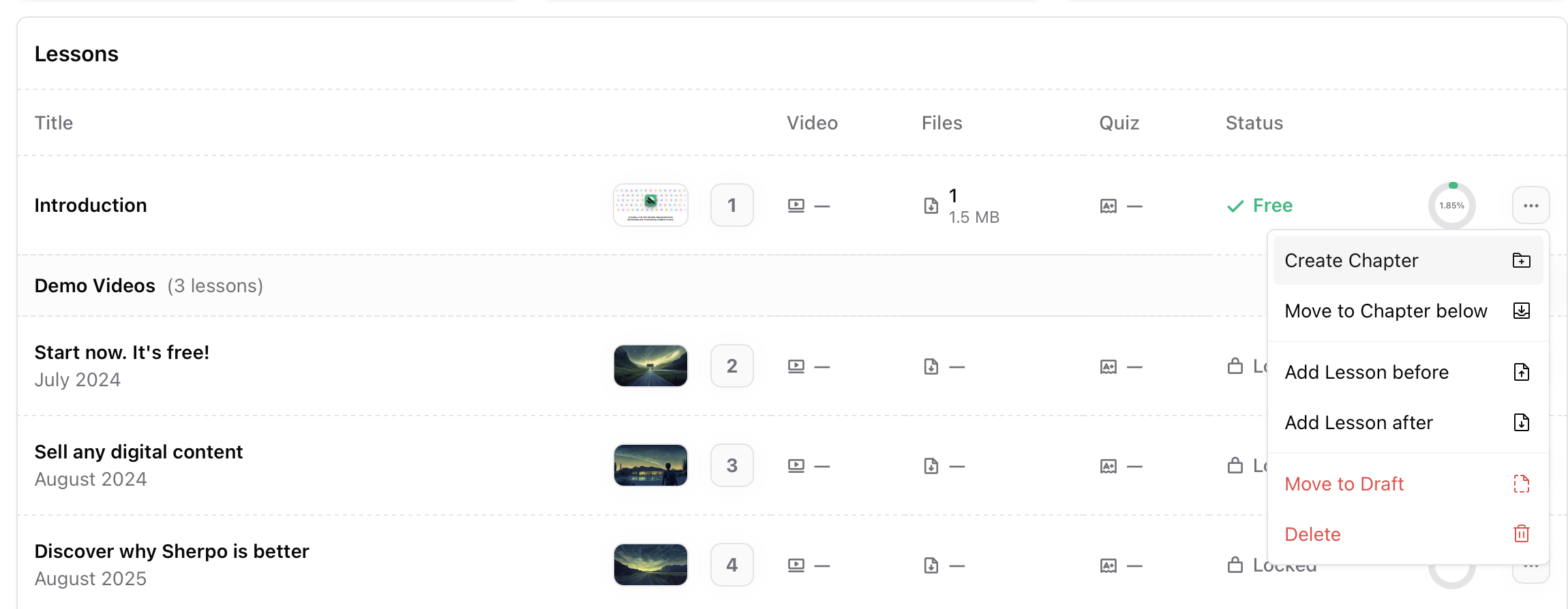 Lesson actions menu Lesson actions menu in Sherpo Courses