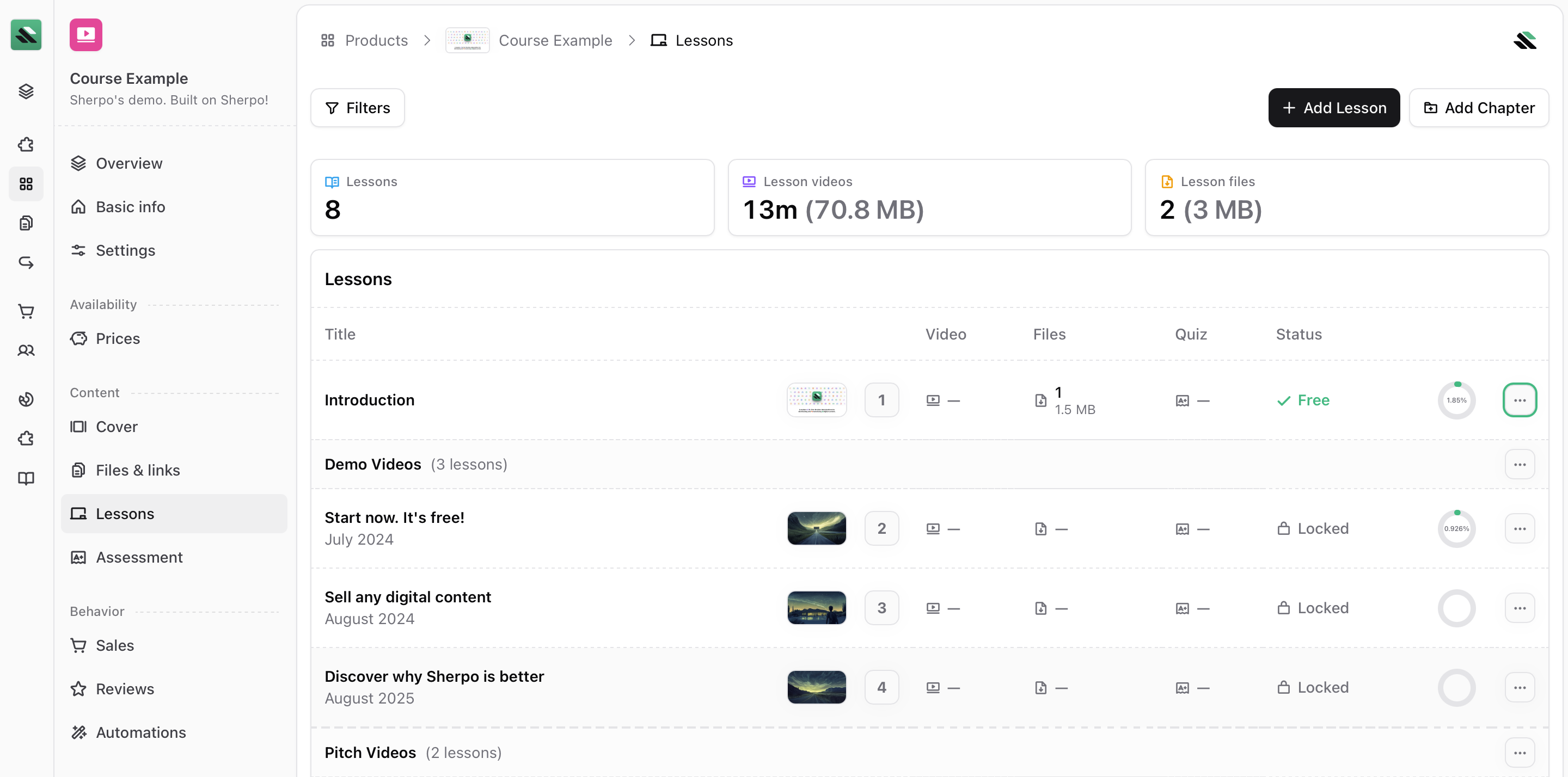 Lessons overview Lessons management inside Sherpo dashboard