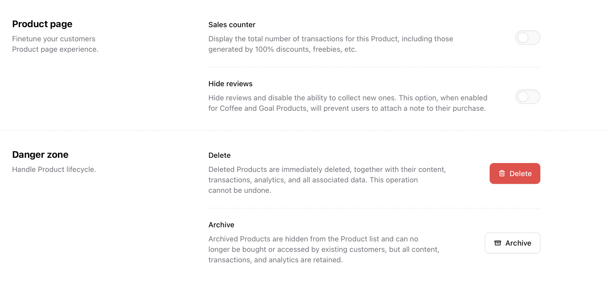 Product page settings Product page settings in Sherpo
