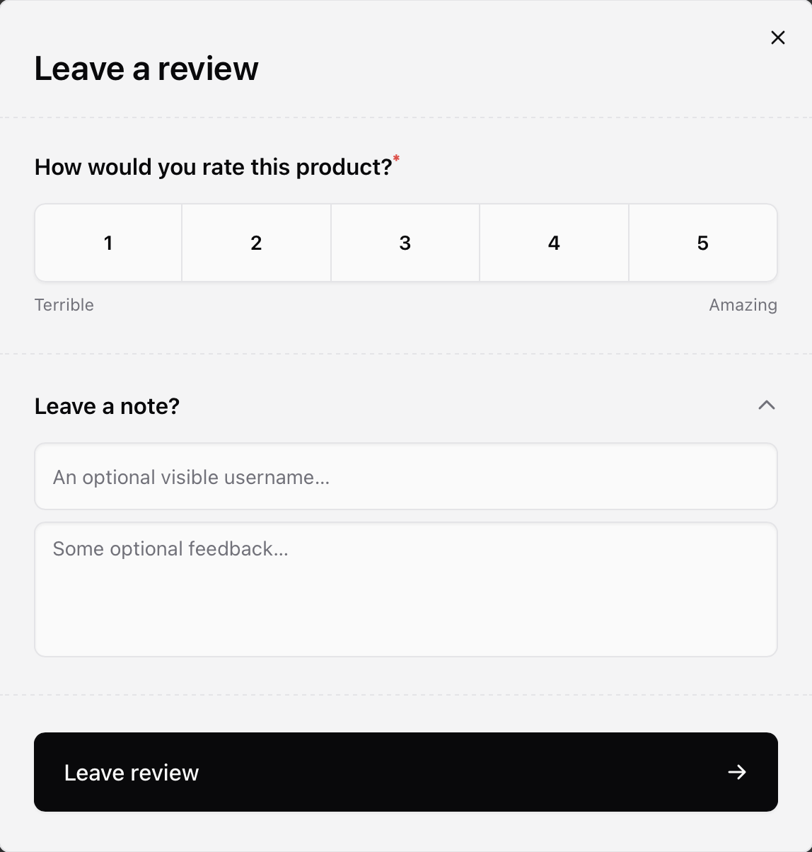 Rate product Rating a product from a Sherpo-generated site