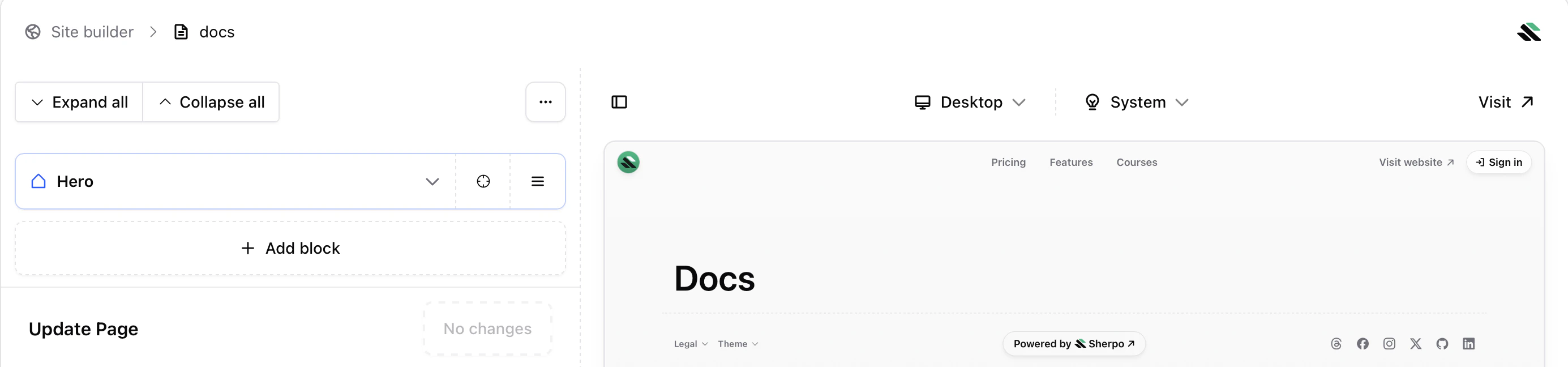 Layout overview Sherpo layout editor showing blocks stacked vertically